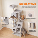 Albero Tiragraffi 60x40x200 cm con Pali in Sisal 2 Cucce 3 Casette e Amaca in Truciolare e Peluche Grigio Chiaro      