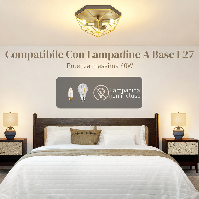 Lampadario Stile Industriale Geometrica con 3 Attacchi E27 per Lampadine LED in Metallo Nero e Oro      