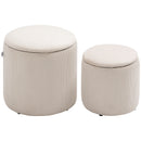 Set di 2 Pouf Contenitore Salvaspazio Rotondi e Imbottiti in Velluto a Coste Bianco      