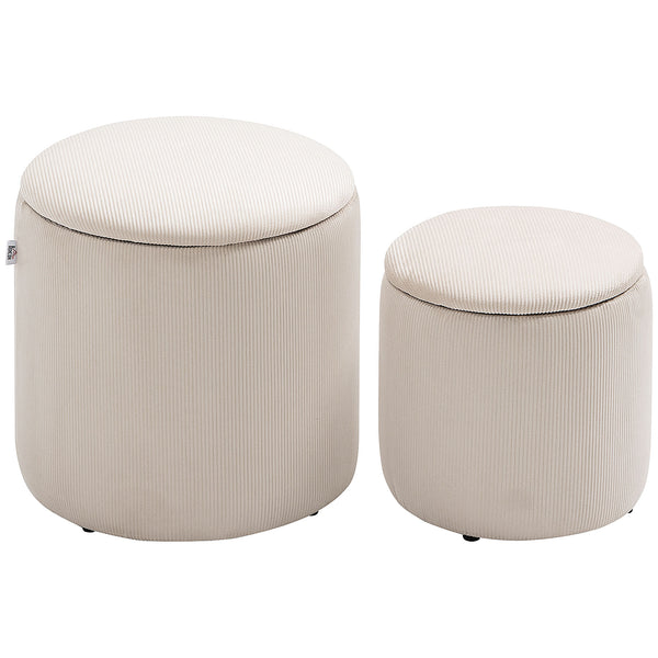online Set di 2 Pouf Contenitore Salvaspazio Rotondi e Imbottiti in Velluto a Coste Bianco