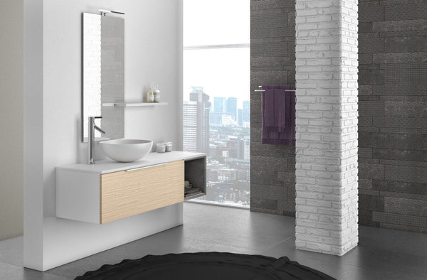 sconto Mobile Bagno Sospeso 135 cm Lavabo Specchio Lampada a LED e Mensola TFT Mactan Destra Bianco Rovere e Grigio