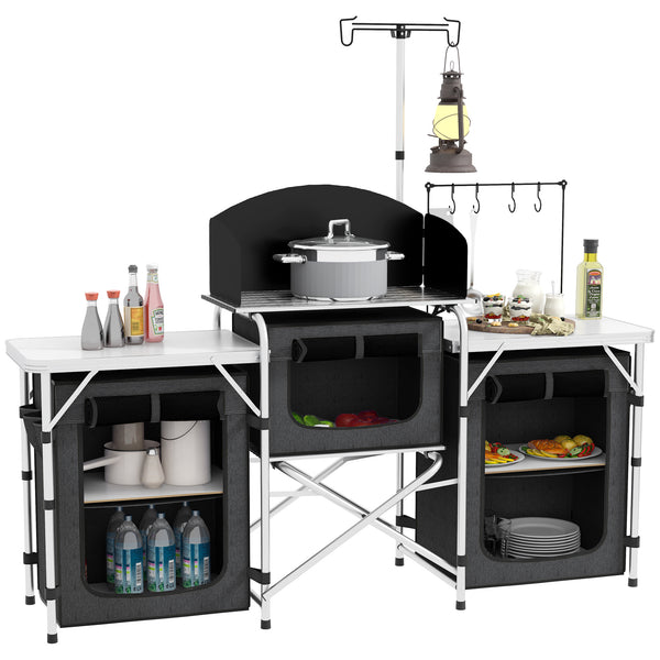 sconto Cucina da Campeggio Pieghevole 172x48x119 cm con Ripiani e Ganci Nero
