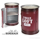 Tavolino Contenitore Bidone Tondo Struttura Metallo Bordeaux e Ripiani in Legno