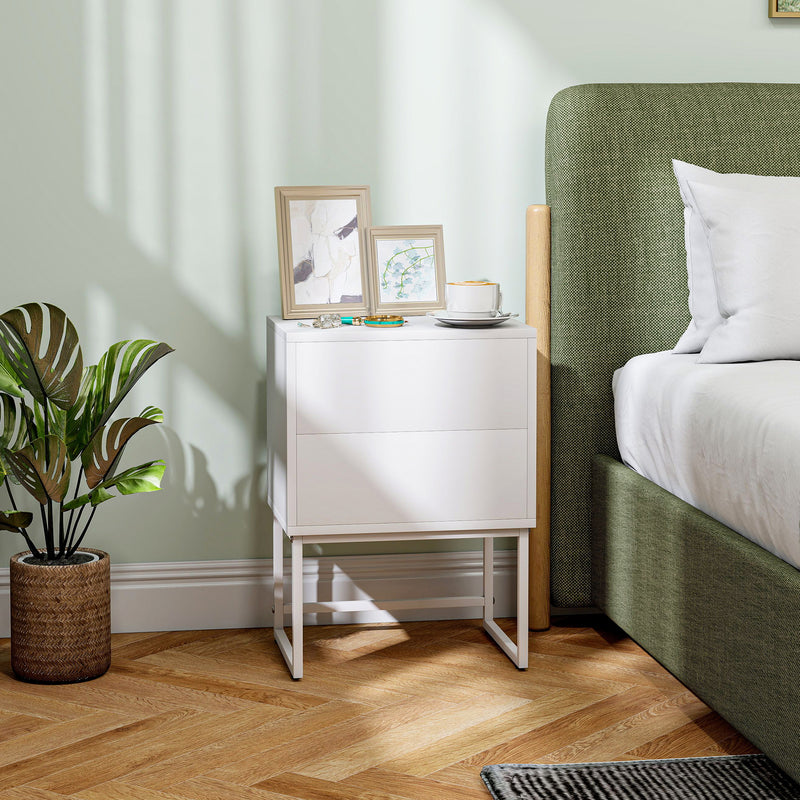 Comodino Moderno a 2 Cassetti con Apertura a Pressione 40x30x50 cm in MDF e Acciaio Bianco  