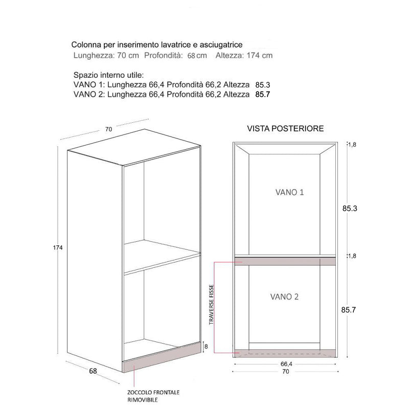 Mobile Lavanderia a Colonna per Lavatrice e Asciugatrice Senza Ante 70x70x174A cm in Nobilitato Unika Grigio Cemento