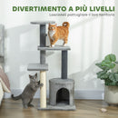 Albero per Gatti Multilivello 103 cm con Cuccia e Tiragraffi in Sisal Grigio      