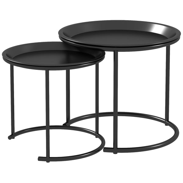 acquista Set 2 Tavolini da Salotto Rotondi Sovrapponibili con Vassoio rimuovibile Nero