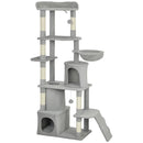 Albero Tiragraffi per Gatti 60x40x170 cm con 2 Casette Amaca Tunnel e Lettino Pali in Sisal Grigio      