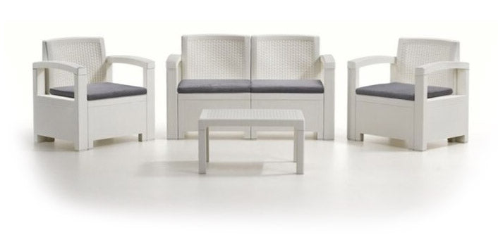Set da Giardino Divano Poltrone e Tavolino in Polipropilene Bianco
