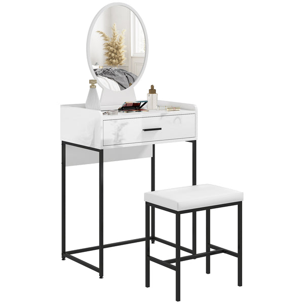 Mobile Toeletta con Specchio con Cassetto e Sgabello Imbottito in MDF Bianco prezzo