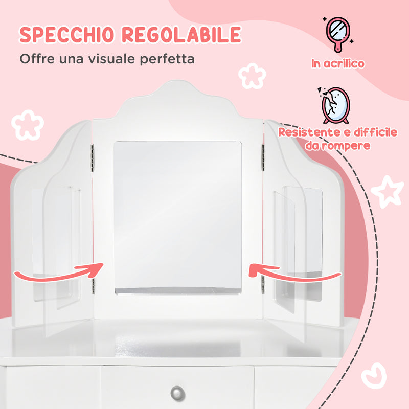 Toeletta Trucco per Bambine Consolle e Sgabello 63x40x85,5 cm con Triplo Specchio in Legno e Acrilico Bianco      