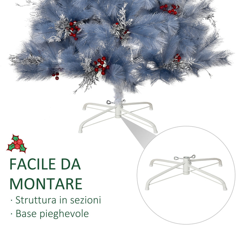 Albero di Natale Artificiale 150 cm 222 Rami con Foglie Argentate e Bacche Rosse