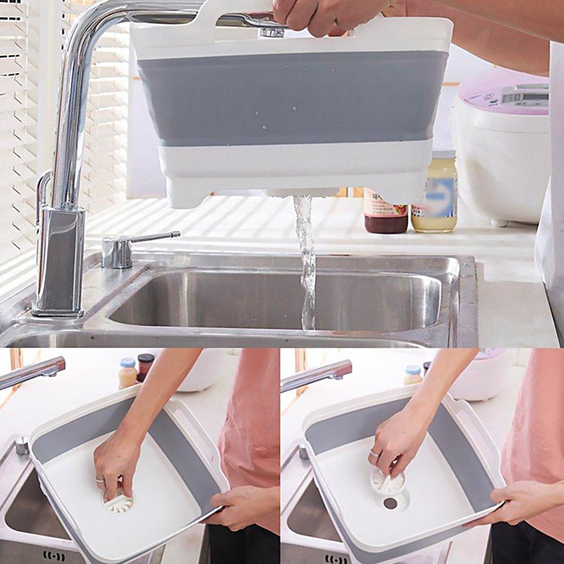 Vaschetta Bacinella Multiuso Pieghevole 30,5x30 cm 9 Litri con Tappo di Scarico in Silicone Grigio