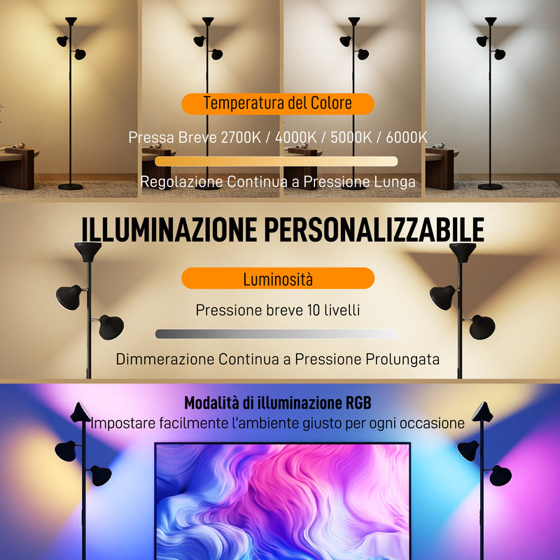 Lampada da Terra con 3 Teste Regolabili Indipendenti Ø25x170 cm Telecomando e Timer in Acciaio e Plastica Nero      