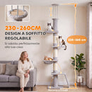 Tiragraffi per Gatti a Soffitto 40x40x230-260 cm con 3 Pali Graffiatoi e Amaca in Truciolato Peluche e Sisal Grigio Chiaro      