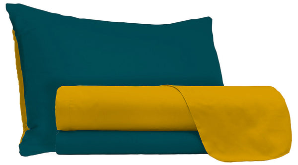 prezzo Set Lenzuola Sopra Sotto e Federe Doubleface Ocra\/Verde Petrolio