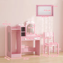 Toeletta per Bambini 3-8 Anni 3 in 1 92x36x103,3 cm con Sgabello Specchio con Luci a 2 Colori e Appendiabiti in MDF Rosa      