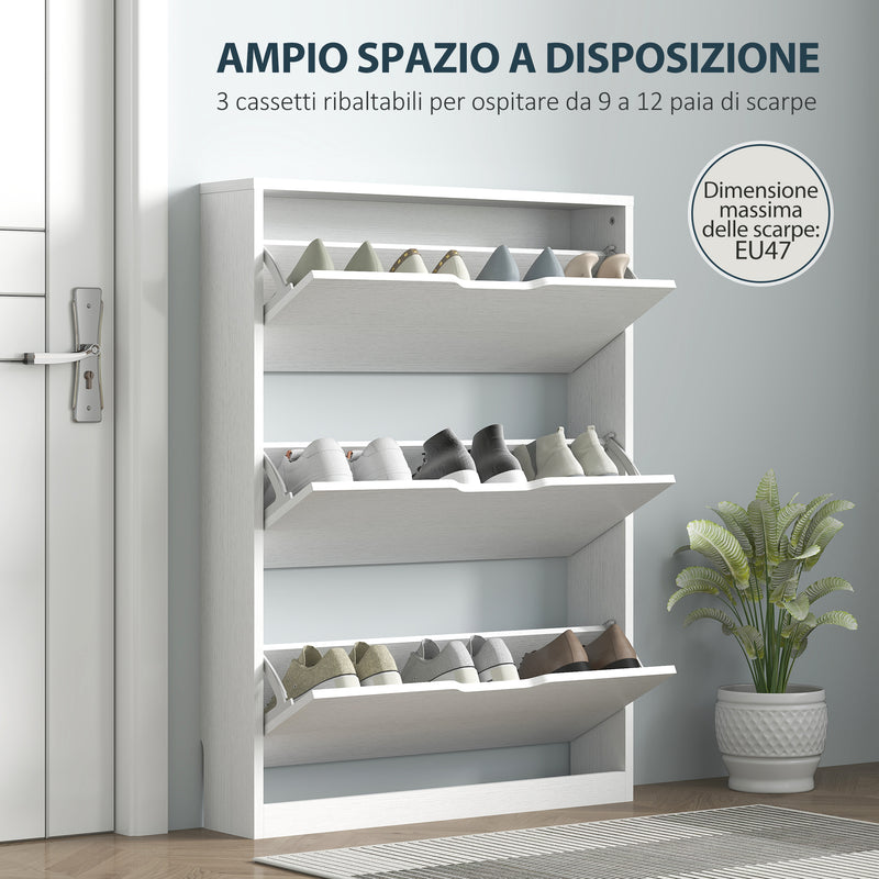 Scarpiera Slim 80x17x108 cm a 3 Cassetti Ribaltabili con Intaglio Inferiore in Legno Bianco      
