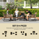 Set  4 Pezzi da Esterno Divano 2 Poltrone e Tavolino Top in Vetro in Rattan PE Nero  