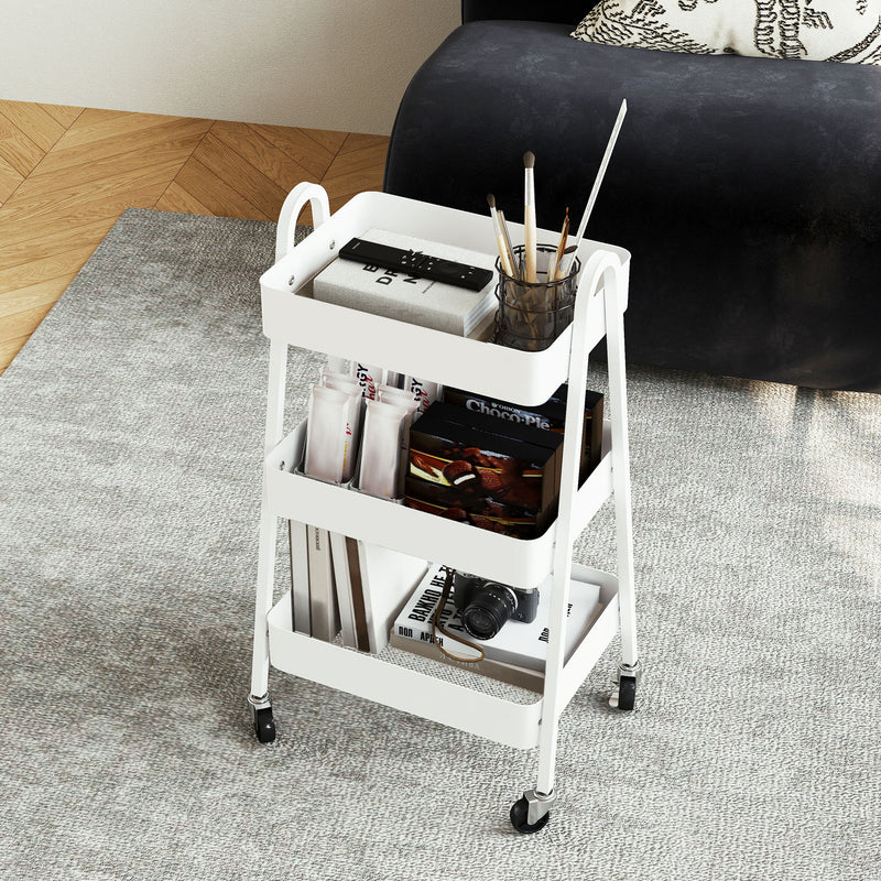 Carrello da Cucina Multiuso a 3 Livelli 42,4x29,8x74,5H cm con Ruote e Freno Bianco   