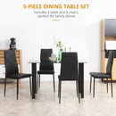 Set Tavolo da Pranzo con Piano in Vetro e 4 Sedie Imbottite in Finta Pelle Nero