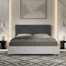 Letto Matrimoniale con Rete e Contenitore Alzata Comoda Struttura Bianco Frassico e Testata in Microfibra Kaia Grigio Varie Misure
