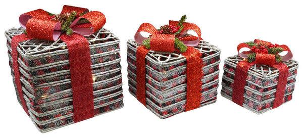 prezzo Set 3 Pacchi di Natale con LED in Plastica Rosso Glitterato