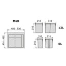 Pattumiera Differenziata 3 Contenitori per Cassettone 60x21,6 cm con Base Emuca Grigio Antracite