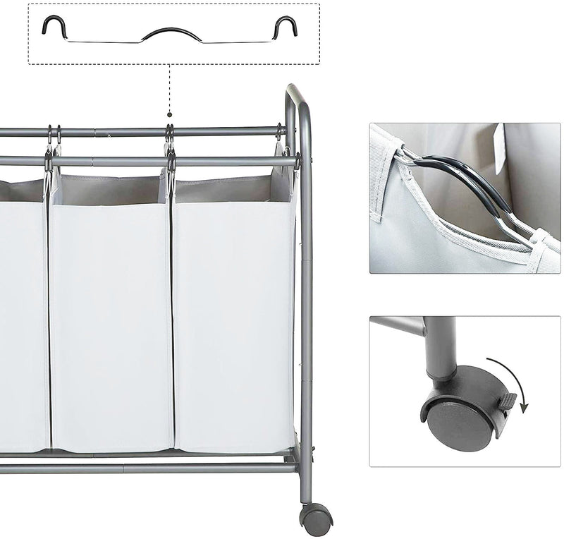 Carrello Portabiancheria 77x41x81,5 cm 3 Sacchi in Acciaio Grigio