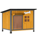Cuccia per Cani da Esterno 84,5x62x65 cm Tetto Apribile e Tenda per Porta in Legno e Acciaio Giallo      