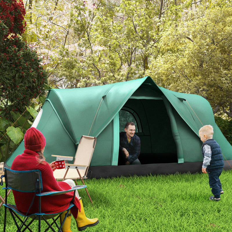 Tenda da Campeggio Idrorepellente 455x230x180 cm 6 Posti con Protezione UV e Pali in Fibra di Vetro Verde  