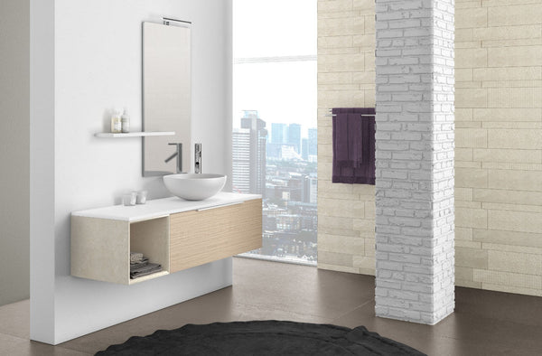 Mobile Bagno Sospeso 135 cm Lavabo Specchio Lampada a LED e Mensola TFT Mactan Sinistra Bianco e Rovere online