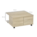 Tavolino da Caffè 2 Cassetto 2 Mensole 70x70x35 cm con Ruote in Legno
