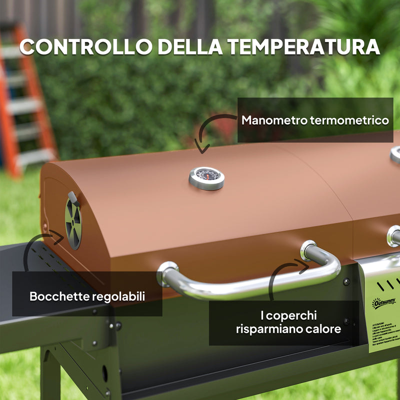 Barbecue a Carbone e Gas con 3 Bruciatori e Coperchio Termometro e Ruote Nero   