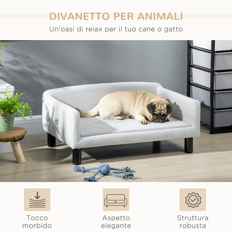 Cuccia Divano per Cani da Interno 82x54x36 cm in Legno di Betulla e Rivestimento Effetto Velluto Grigio Chiaro  