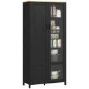 Credenza Stile Moderno Mobile Alto a 9 Ripiani Regolabili con Ante in Vetro 76x36x160 cm Nero e color Legno  