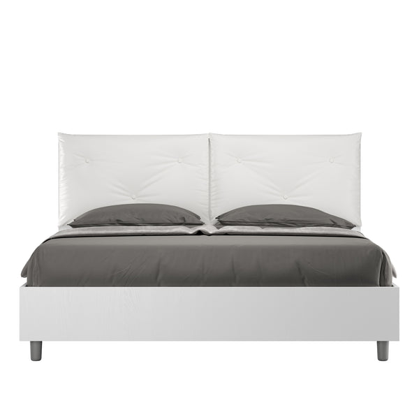 Letto Matrimoniale con Alzata Comoda Struttura Bianco Frassico con Cuscini in Similpelle Appia Bianco Varie Misure sconto
