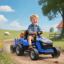 Trattore Elettrico per Bambini 3-8 Anni con Rimorchio Staccabile Telecomando Musica Luci Blu      