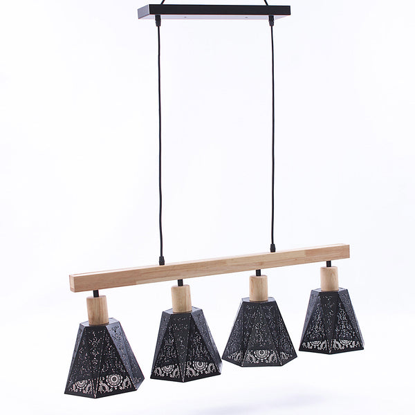 prezzo Lampadario a 4 Luci 90x18xH30 cm in Metallo Nero e Legno Naturale
