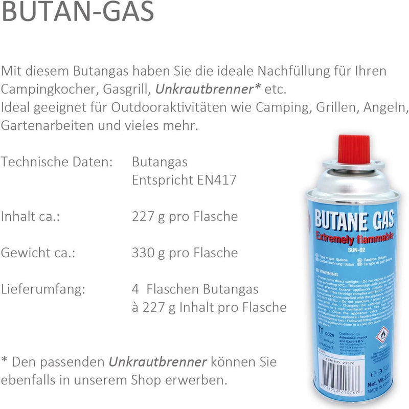 Set 4 Cartucce Gas Butano da 227 gr Ricarica Gas Ø70 x 20 cm Ideale per Campeggio Barbecue