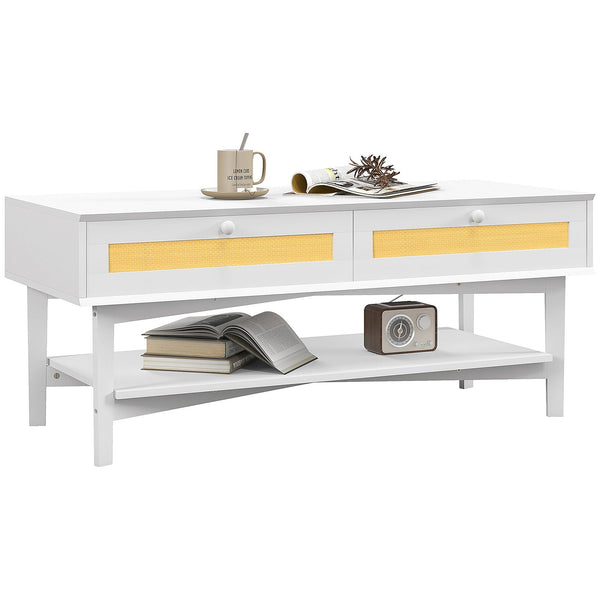 Tavolino da Caffè Boho con 2 Cassetti e Ripiano 120x50x50 cm in Rattan e Truciolato Bianco e Legno sconto