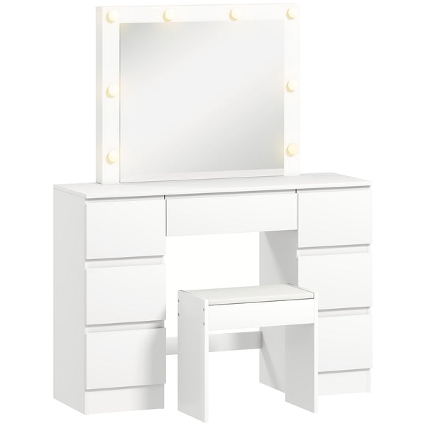 acquista Consolle Trucco con Specchio Stile Hollywood 8 Luci LED con 7 Cassetti e Sgabello Imbottito in Legno Bianco