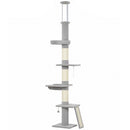Tiragraffi per Gatti a Soffitto 40x40x230-260 cm con 3 Pali Graffiatoi e Amaca in Truciolato Peluche e Sisal Grigio Chiaro      
