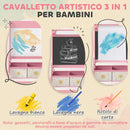 Lavagna per Bambini 3 in 1 54x46x94 cm con Cavalletto Rotolo di Carta e 2 Cestelli in Legno Rosa  