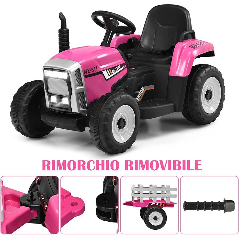 Trattore Elettrico per Bambini 12V con Rimorchio Rosa