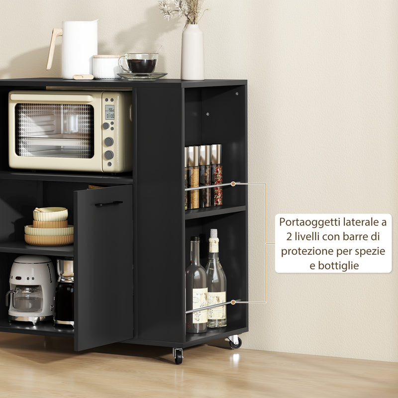 Carrello Cucina 75x40x80,5 cm con Ripiano Aperto Armadietto e Scaffale Laterale in Legno Nero      