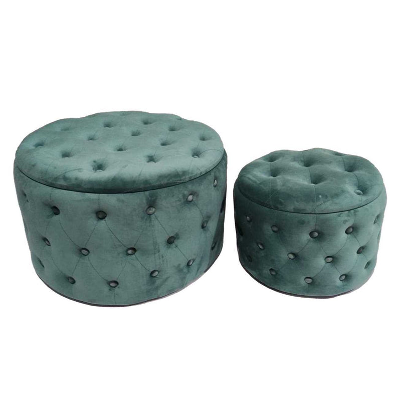 Set 2 Pouf Contenitore Ø50 cm e Ø70 cm in Tessuto Velluto Verde Salvia