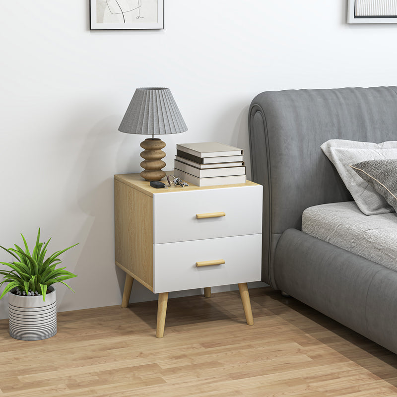 Comodino in Stile Scandinavo 40x40x50 cm con 2 Cassetti in Legno Bianco 