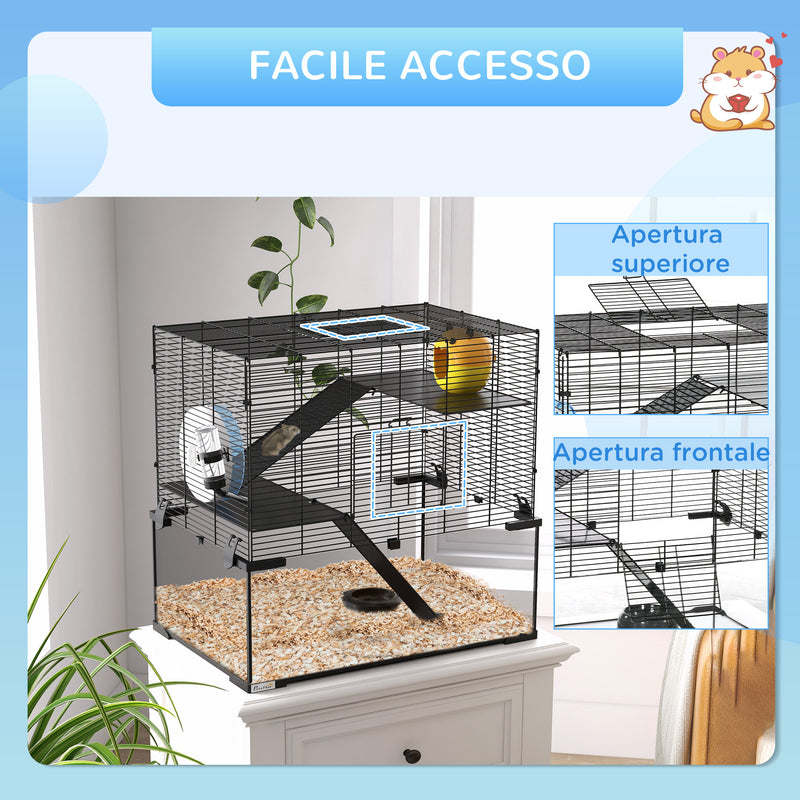 Gabbia per Criceti 3 Livelli con Ruota Rampe e Fondo Rimovibile 60x40x57 cm Nero  