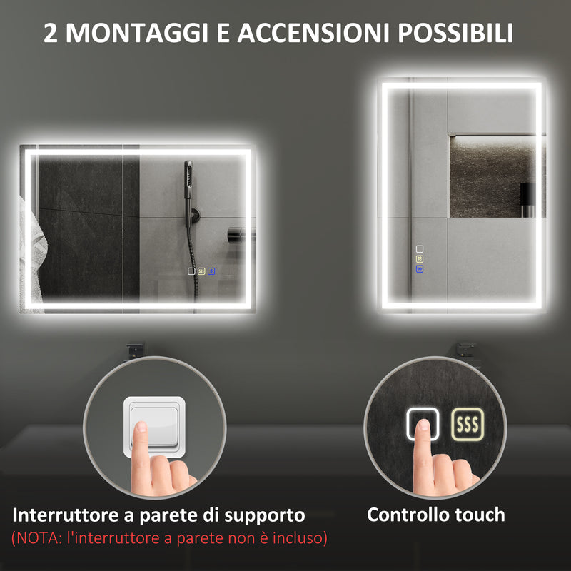 Specchio Bagno da Parete LED Antiappannamento 50x70 cm Speaker Bluetooth e Pulsanti Touch in Vetro Temperato  